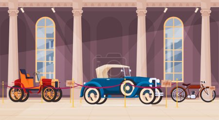 Illustration for Vintage passenger transport in the museum. Historical first cars, motorcycles. Retro transport for driving. - Royalty Free Image