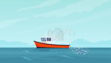 Téléchargez les illustrations : Pêche bateaux de mer. Pêche commerciale en grandes quantités. Fond marin avec navire de pêche. - en licence libre de droit