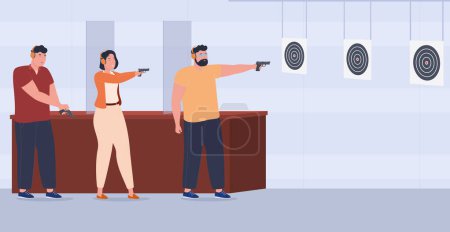 Ilustración de La gente en diferentes poses dispara armas de fuego. Entrenamiento de campo de tiro con diferentes tipos de armas. - Imagen libre de derechos