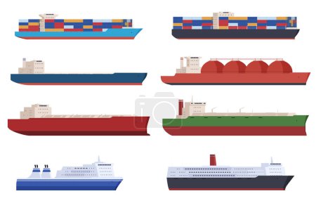 Ilustración de Un conjunto de barcos de carga. Entrega de mercancías en grandes cantidades por mar y océano. Gran negocio de transporte de productos. - Imagen libre de derechos