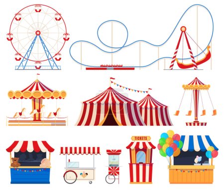 Illustration for Fair with amusement park attractions. Children carousels, circus tent, extreme attractions. Fun pastime on a holiday weekend. - Royalty Free Image