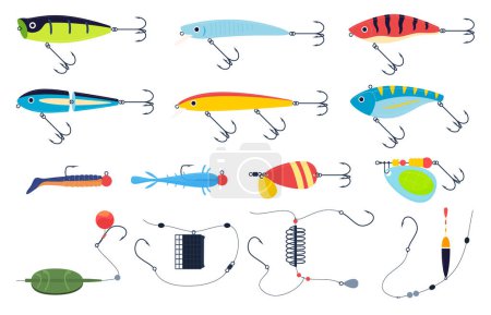 Verschiedene Köder zum Fischen. Köder in verschiedenen Größen und Typen zum Angeln. Werkzeuge für den Fischfang.
