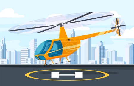 Téléchargez les illustrations : Un héliport pour l'atterrissage d'hélicoptères sur un gratte-ciel au milieu de la ville. Transport aérien pour le transport de personnes. - en licence libre de droit