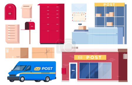 Ilustración de Entrega por correo de cartas y paquetes. Elementos del Servicio Postal. Correos. - Imagen libre de derechos