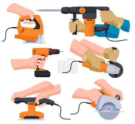 Ilustración de Un conjunto de herramientas eléctricas en manos de maestros trabajadores. Herramientas para la reparación y construcción de locales y diversos objetos. - Imagen libre de derechos