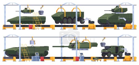 Ilustración de Planta para la construcción y reparación de vehículos blindados militares. Línea de montaje de vehículos militares. - Imagen libre de derechos