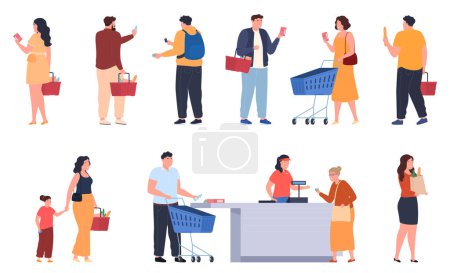 Illustration for People in grocery store with baskets and carts. Customer service counter. Shopping in a store, supermarket. - Royalty Free Image