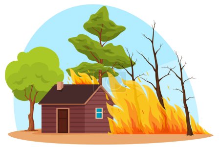 Illustration for A forest fire near the house. A natural disaster of a destructive large-scale nature. Destruction of human habitation. - Royalty Free Image