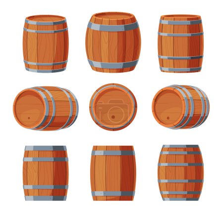 Illustration for Wooden barrels. Oak containers for traditional storage of wine, beer, whiskey. Saturation of drinks with a unique aroma and taste. - Royalty Free Image