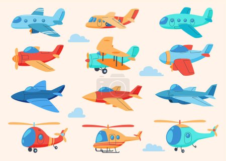 Téléchargez les illustrations : Avions et hélicoptères en style dessin animé. Transport aérien coloré mignon. - en licence libre de droit