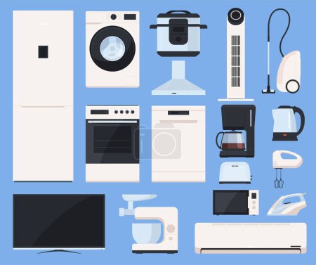 Illustration for Household appliances. Sale of electronic devices for kitchen, bathroom and living rooms. Electronics store. - Royalty Free Image