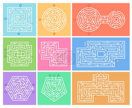 Téléchargez les illustrations : Différents types de labyrinthes. Trouver le bon chemin du point de départ à la destination. Résoudre les énigmes du labyrinthe. - en licence libre de droit