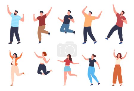 Ilustración de Jóvenes felices saltando y riendo. Feliz celebración de la victoria y el éxito. Hombres y mujeres alegres y enérgicos. - Imagen libre de derechos
