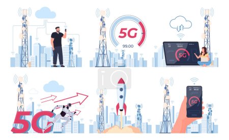 Illustration for The concept of fast 5G internet connection. A fast and convenient way to transfer data. People use fast internet. - Royalty Free Image