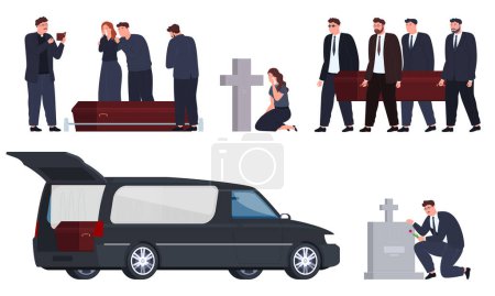 Illustration for Funeral procession. Burial of relatives and friends. Saints lead a procession to bury a person in a grave. - Royalty Free Image