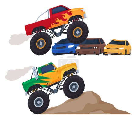 Monster trucks. Big cars with big tires for extreme shows. Powerful off-road machines.