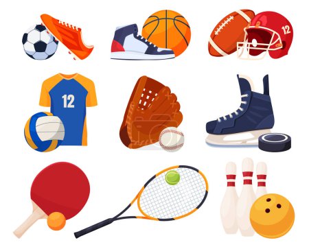 Illustration for Sports equipment in cartoon style. Balls and shoes for sports games. Collective sports competitions. - Royalty Free Image