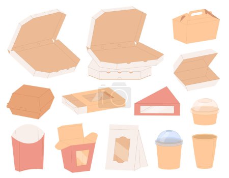 Illustration for Cardboard boxes for takeaway food. Ecological packaging that does not harm nature. Disposable portion containers for meals. Secondary recycling of packaging. - Royalty Free Image