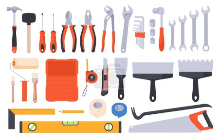 Ilustración de Herramientas para reparación y construcción. Un conjunto de herramientas manuales profesionales para la reparación del hogar. Equipo para auto-reparación en el hogar. - Imagen libre de derechos