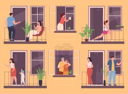 Téléchargez les illustrations : Différentes personnes sur le balcon dans la fenêtre. Les résidents de la maison sur le balcon sont engagés dans des activités quotidiennes. Voisins dans un immeuble de plusieurs étages. - en licence libre de droit