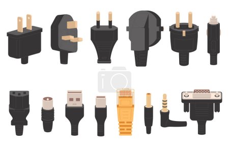 Ilustración de Un conjunto de varios conectores de enchufe para dispositivos electrónicos. Tapones de enchufes eléctricos. - Imagen libre de derechos