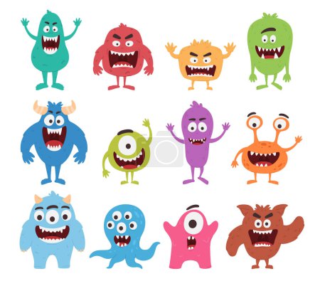 Illustration for Cute monsters. Fun colored characters with faces and teeth. Children illustrations of monsters. - Royalty Free Image