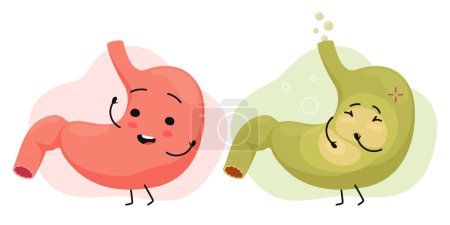 Illustration for Cartoon characters of a healthy and sick stomach. Cheerful with the face of human organs. Human anatomy for children. - Royalty Free Image