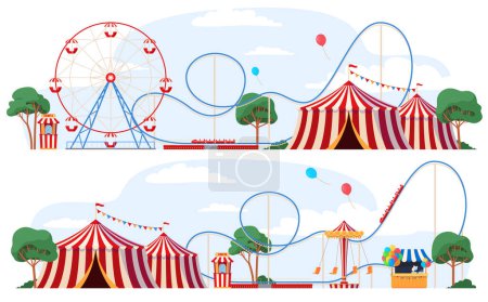 Illustration for Fair with amusement park attractions. Children carousels, circus tent, extreme attractions. Fun pastime on a holiday weekend. - Royalty Free Image
