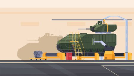 Ilustración de Planta para la construcción y reparación de vehículos blindados militares. Línea de montaje de vehículos militares. - Imagen libre de derechos