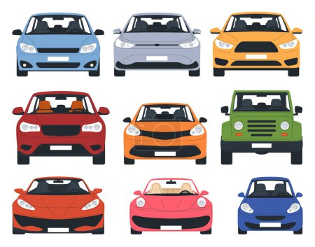 Illustration for Car front view. Various vehicles view from the hood. Passenger cars, off-road and sports cars. - Royalty Free Image