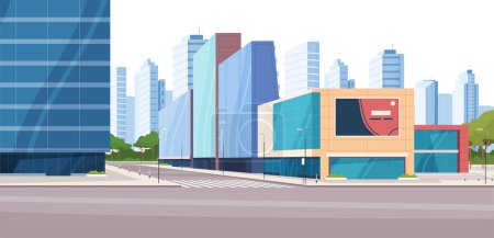 Illustration for Urban landscape with a park, houses and shopping centers. City Street, Central Park. - Royalty Free Image