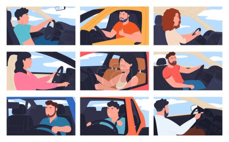 Illustration for Drivers drive the vehicle. People in the car interior. Modern comfortable car interior with a dashboard and driver seats. - Royalty Free Image