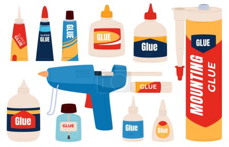 Illustration for Glue for gluing various types of objects. Tubes with an adhesive substance. Repair and gluing of various redmets. - Royalty Free Image
