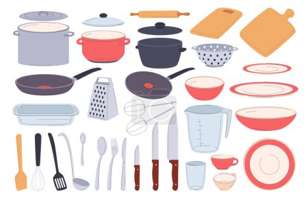 Ilustración de Un juego de utensilios de cocina. Utensilios de cocina para cocinar. Accesorios y platos de cocina. - Imagen libre de derechos
