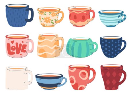 Téléchargez les illustrations : Une collection de différentes tasses modernes décorées avec des éléments de design. Set de tasses colorées avec thé au café. Drinkware tendance mignon avec poignée. - en licence libre de droit