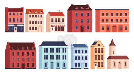 Illustration for Facades of buildings in the old city. Urban architecture, house exterior. Classic European houses. City buildings. - Royalty Free Image
