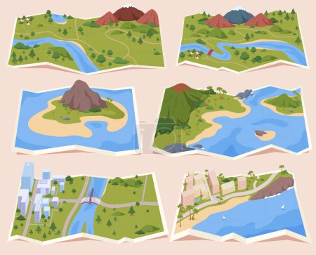 Ilustración de Mapa de papel con paisajes y edificios tridimensionales. Mapa con terreno montañoso, río, mar y ciudad. Navegación. - Imagen libre de derechos