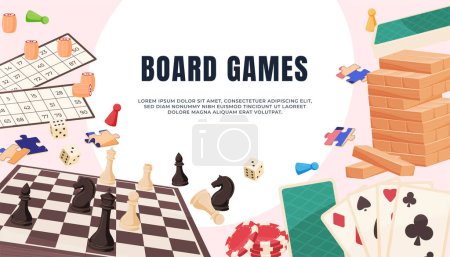 Illustration for Board games banner. Fun home games for friendly companies. Games developing logical thinking. - Royalty Free Image