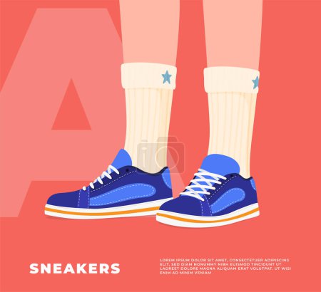 Illustration for Lower part of human legs with sneakers. Fashionable sports shoes for sports and walks. - Royalty Free Image