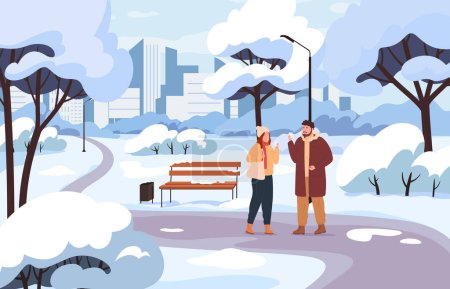 Illustration for People drinking a warm drink in a winter snowy park. Men and women in warm, comfortable winter jackets. - Royalty Free Image
