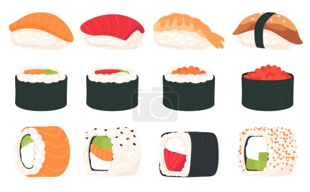 Illustration for Set of sushi and sashimi. A traditional Japanese dish. Rice with fish. Delicious restaurant food. - Royalty Free Image