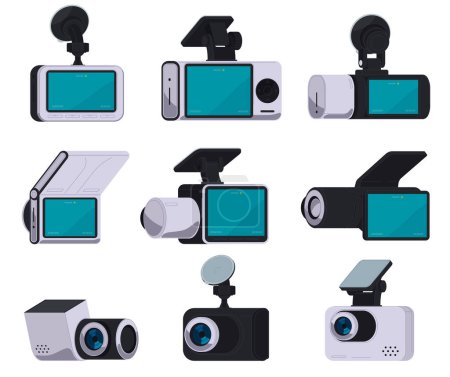 Illustration for Car video recorders. Cameras for mounting on the windshield of a car. Trip and accident record. Road surveillance technologies. - Royalty Free Image