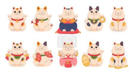 Téléchargez les illustrations : Des chats japonais maneki-neko. Figurine en céramique ou en porcelaine d'un chat chanceux. Un symbole de chance, de bonheur, de richesse. - en licence libre de droit