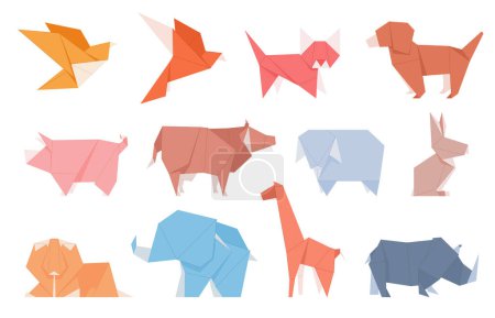 Ilustración de Origami. Las figuras de animales están hechas de papel. Decoraciones decorativas de papel hobby. - Imagen libre de derechos