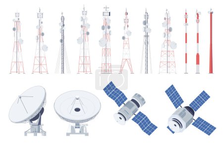 Illustration for Radio towers satellite antennas. Transmission of data and information over long distances. Communication using the latest technologies. - Royalty Free Image