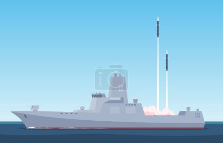 Ilustración de Naves militares. Un portamisiles lanza un misil desde el mar. Fuerzas de defensa marítima desde el mar. - Imagen libre de derechos