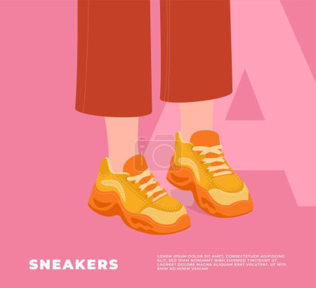 Illustration for Lower part of human legs with sneakers. Fashionable sports shoes for sports and walks. - Royalty Free Image