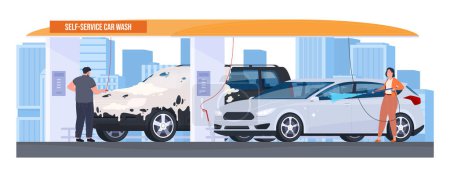 Illustration for Car wash. People wash their cars at a self-service car wash. Washing dirt from the car body. - Royalty Free Image