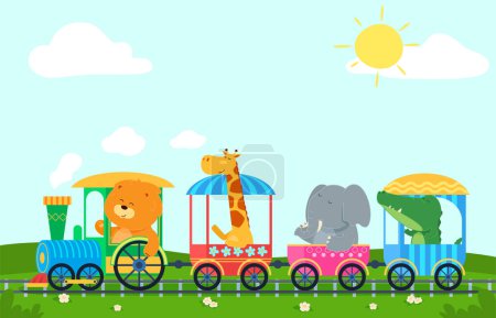 Ilustración de Dibujo de un lindo tren de niños con animales en él. Ilustración para sala de niños, pancarta con animales en estilo de dibujos animados. - Imagen libre de derechos