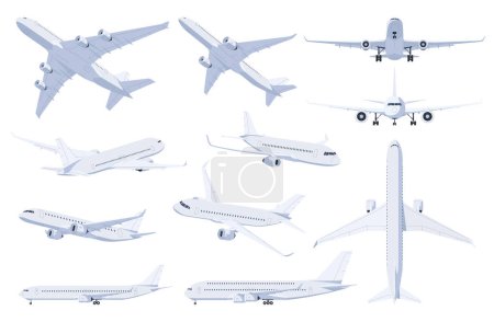 Ilustración de Aviones en diferentes ángulos sobre un fondo blanco. Transporte aéreo de pasajeros y carga. Vuelo interurbano rápido. - Imagen libre de derechos